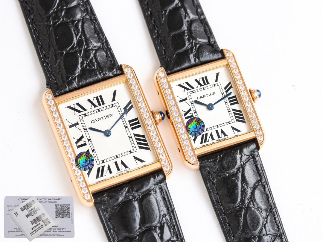 TANK SOLO PINK GOLD DIAMOND BEZEL CROCODILE LEATHER
