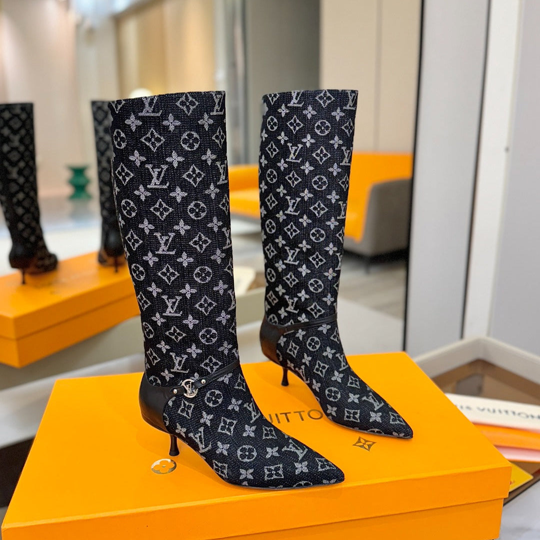 LV 6AM High Boots 55mm Heel Navy Blue Denim 504803