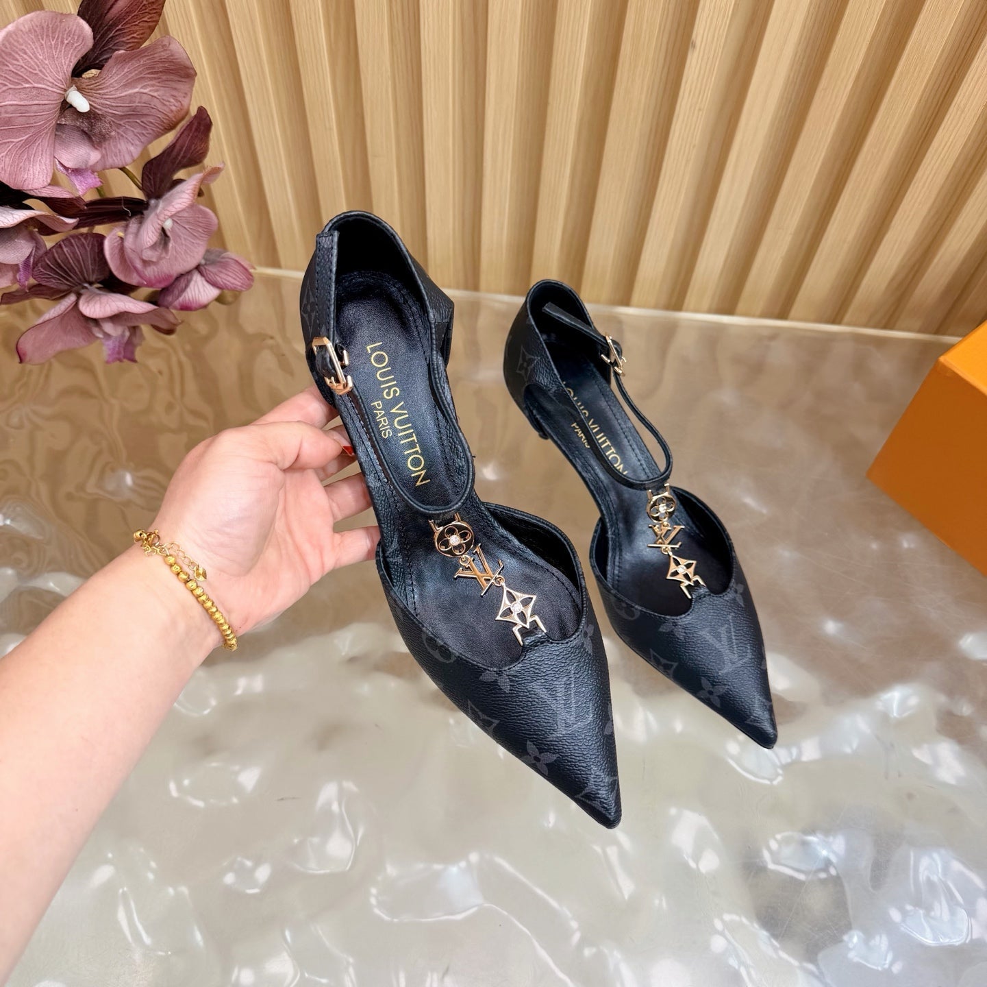 LV 6AM Slingback Pump 65 Black in Monogram Cowhide 703069