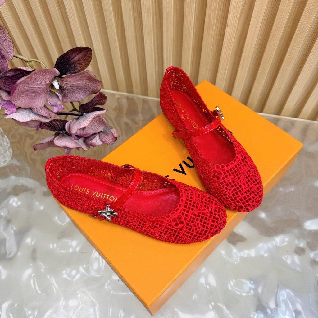 LV Romy Flat Ballerina Red in Crochet 703068