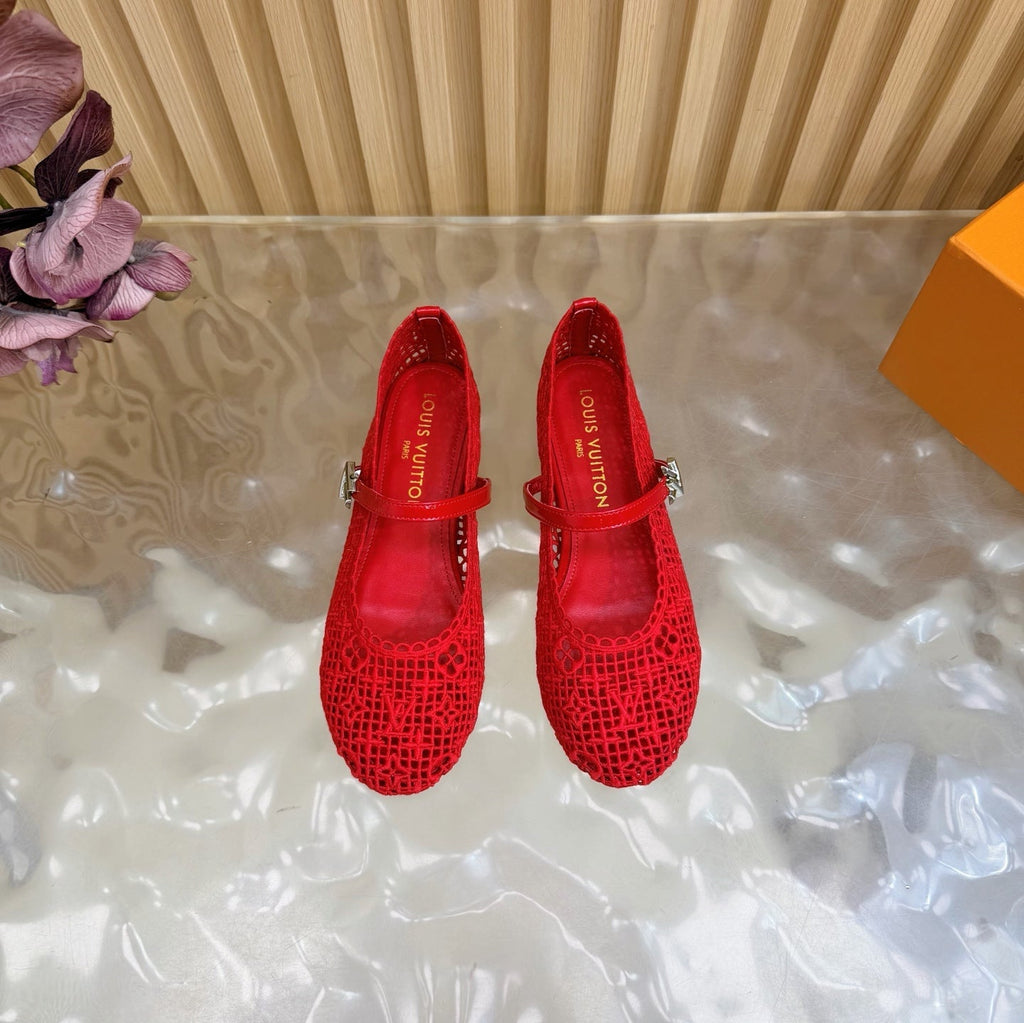 LV Romy Flat Ballerina Red in Crochet 703068