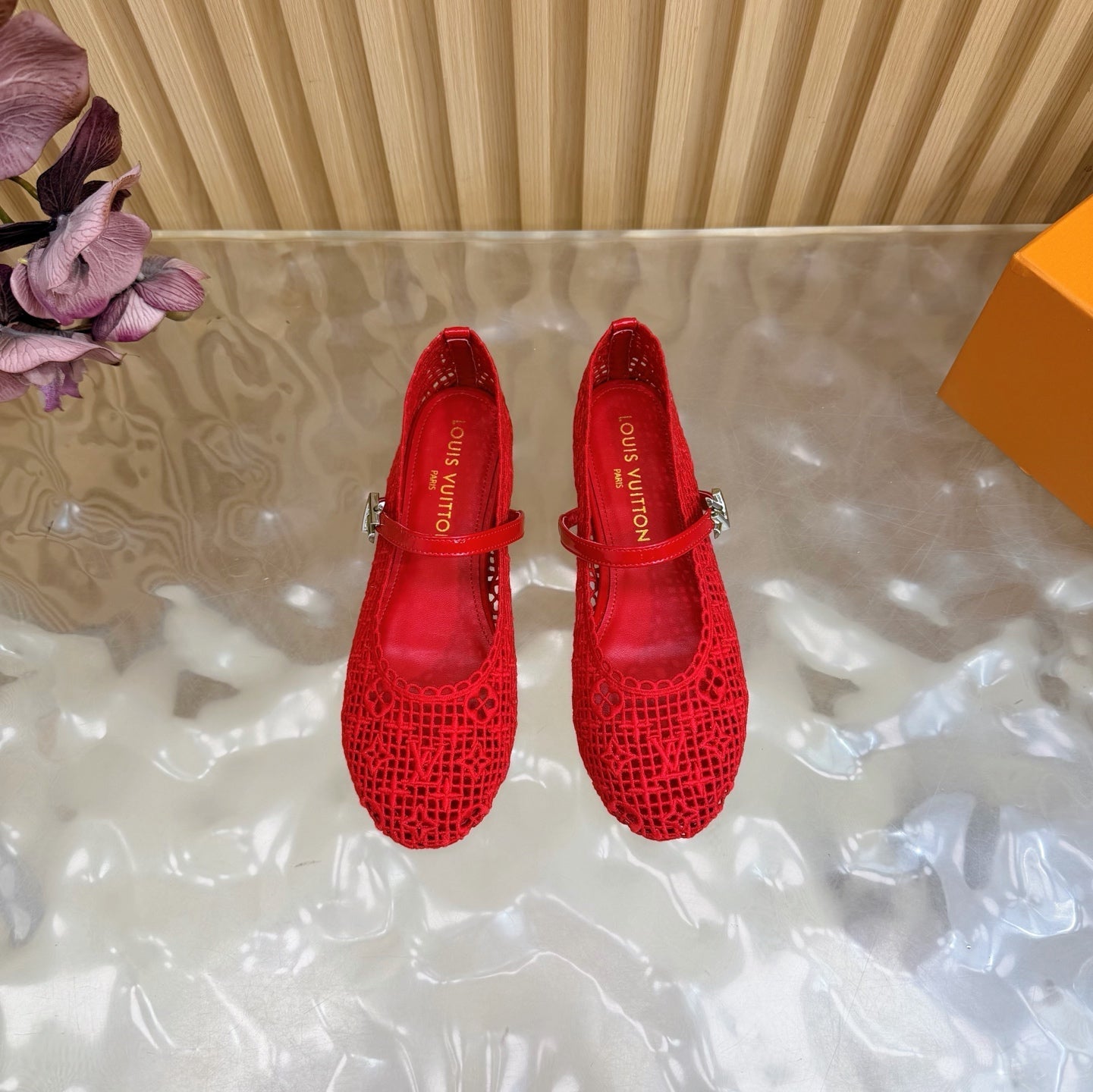 LV Romy Flat Ballerina Red in Crochet 703068