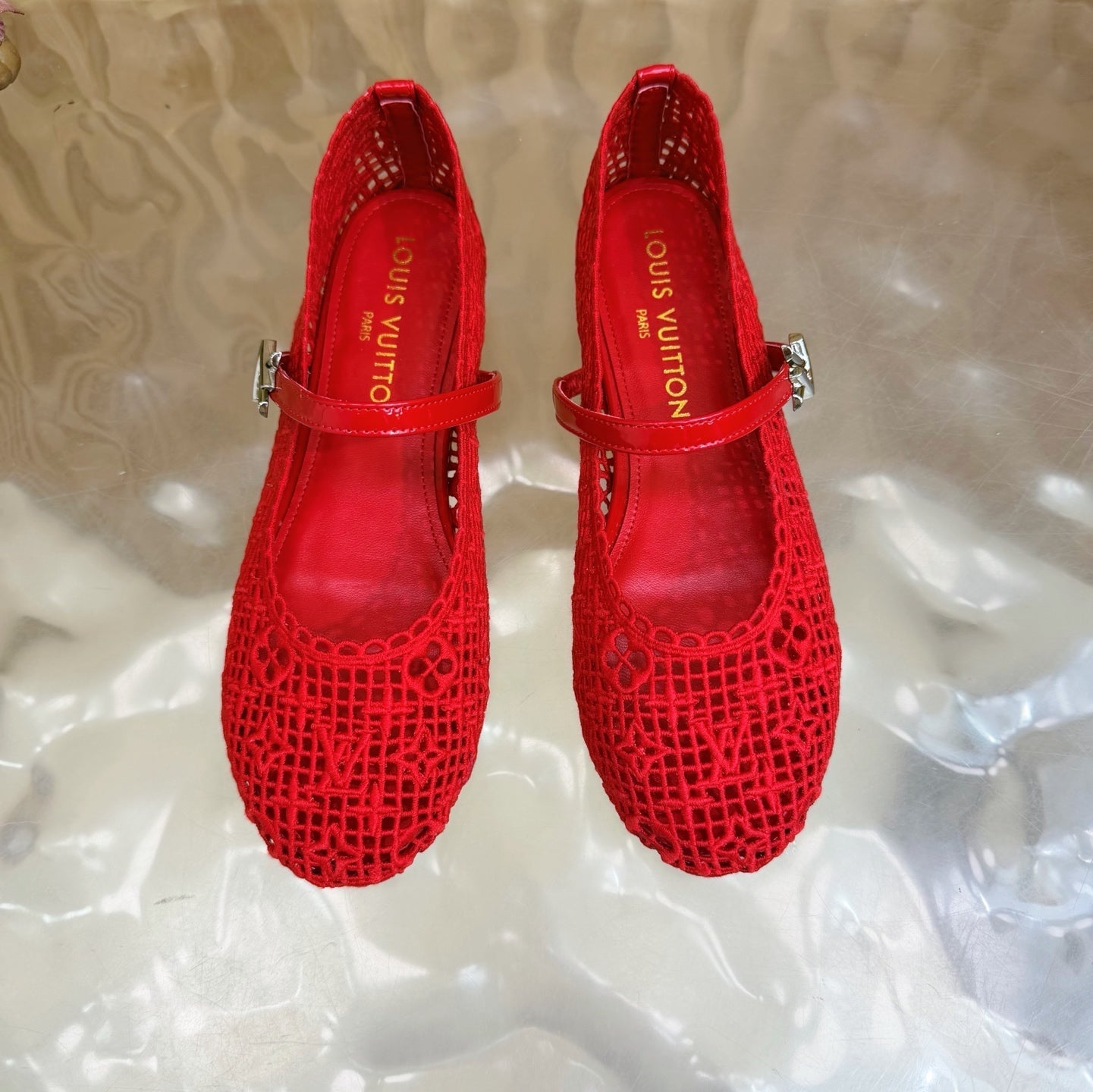 LV Romy Flat Ballerina Red in Crochet 703068