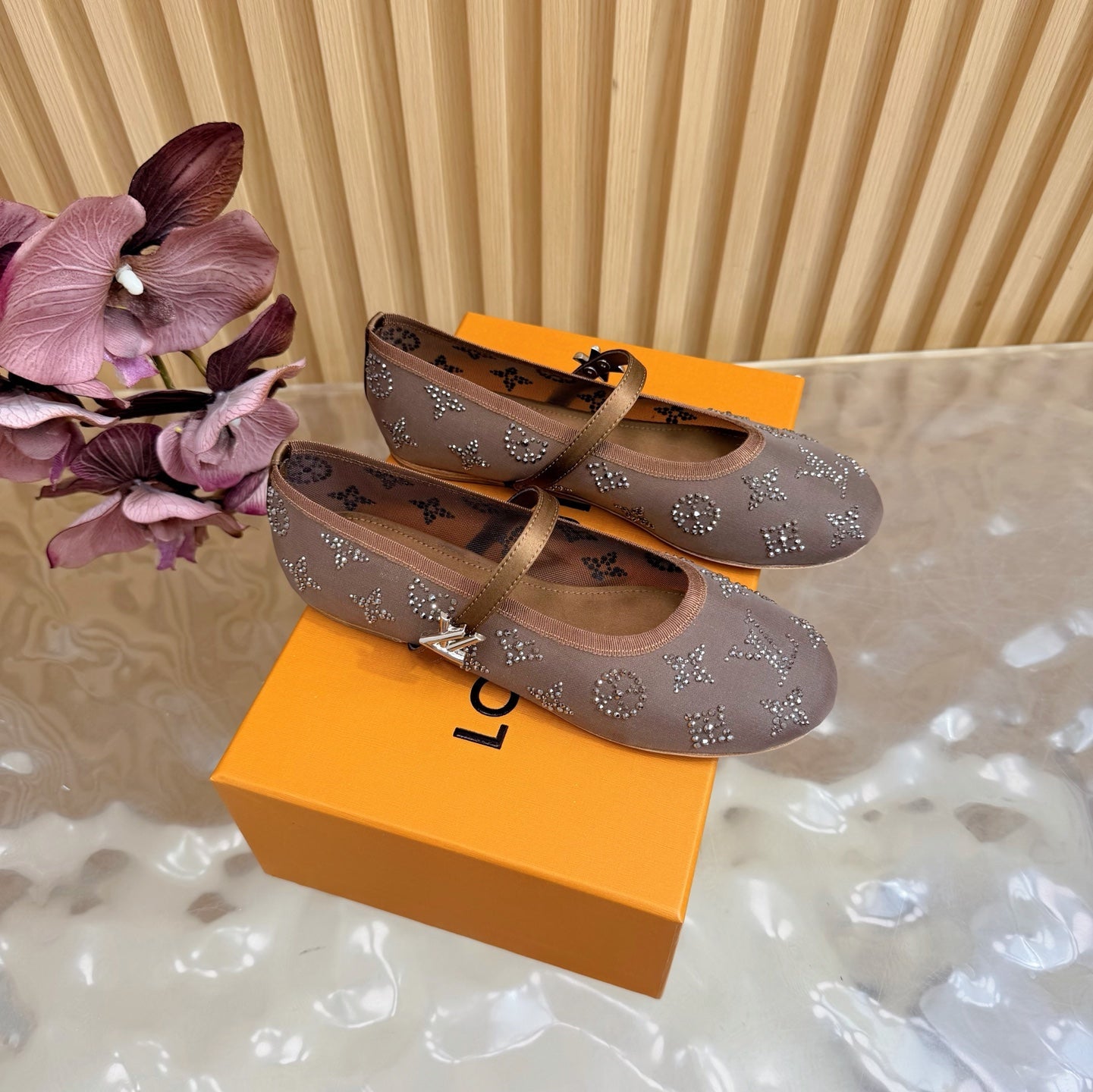 LV Romy Flat Ballerina Brown in Mesh with Rhinestones 703066
