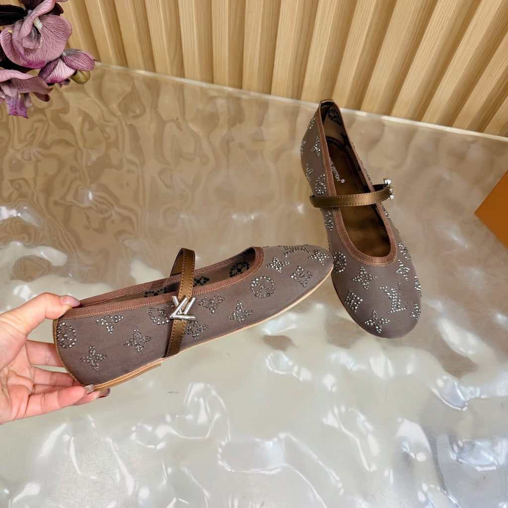LV Romy Flat Ballerina Brown in Mesh with Rhinestones 703066