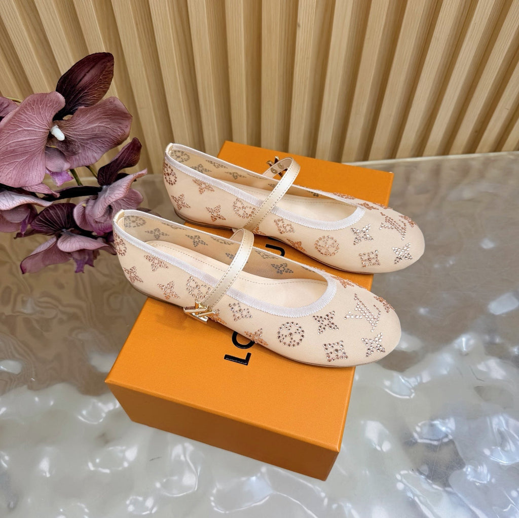 LV Romy Flat Ballerina Beige in Mesh with Rhinestones 703065