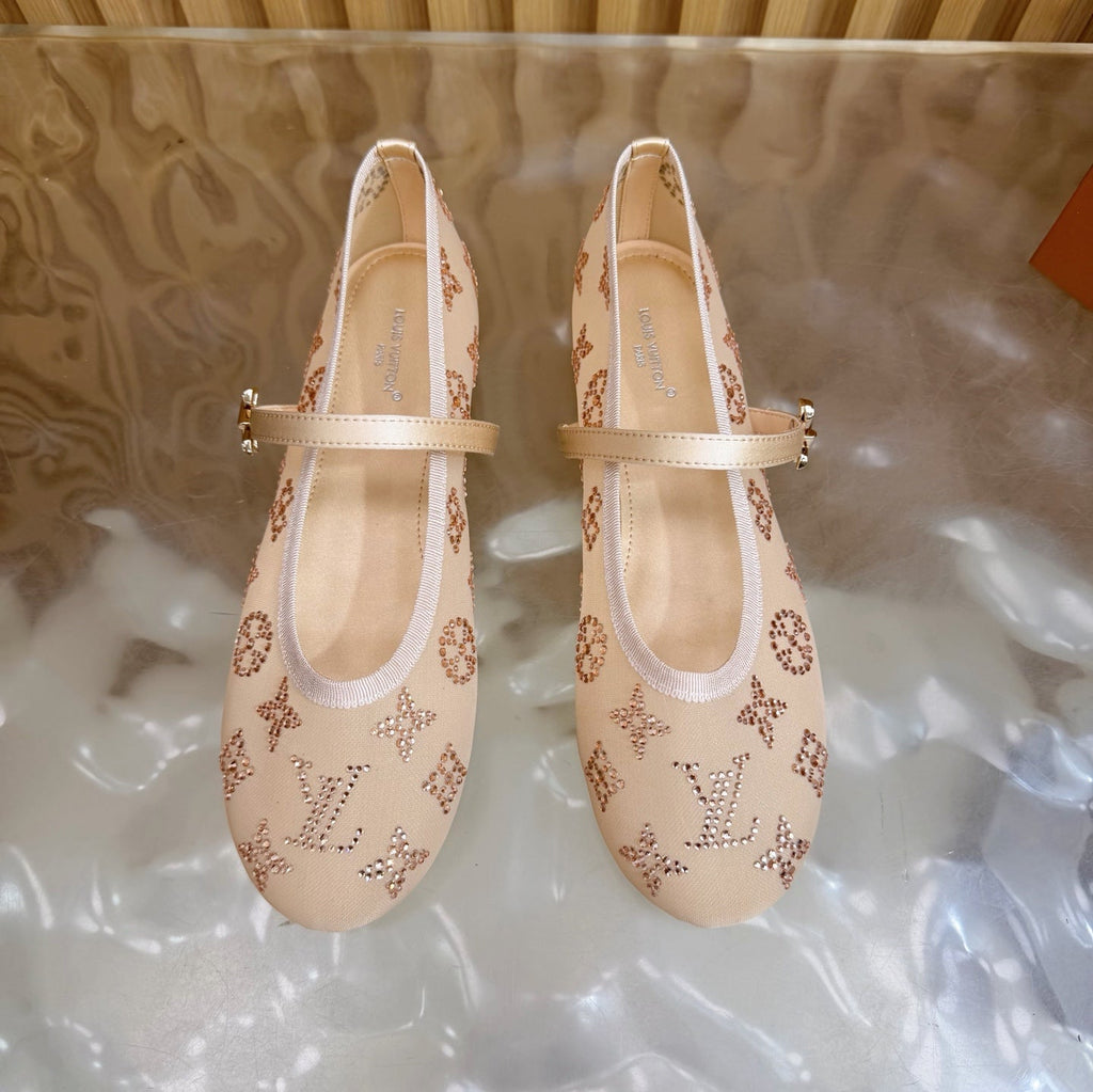 LV Romy Flat Ballerina Beige in Mesh with Rhinestones 703065