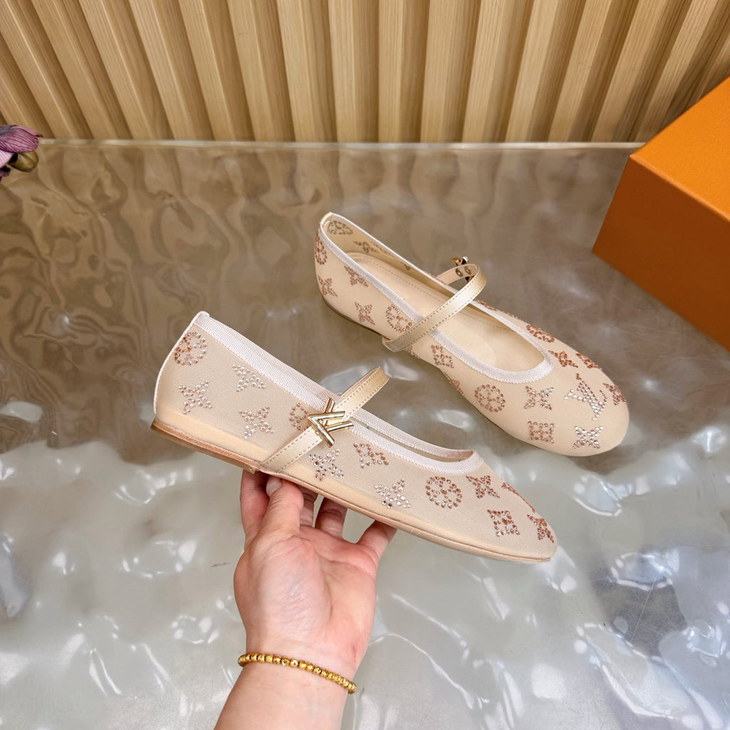 LV Romy Flat Ballerina Beige in Mesh with Rhinestones 703065