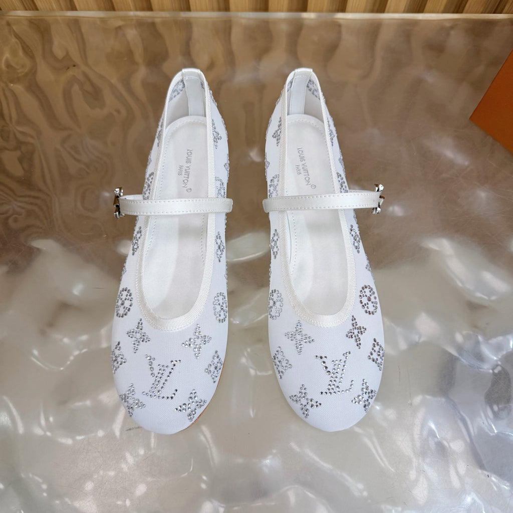 LV Romy Flat Ballerina White in Mesh with Rhinestones 703064