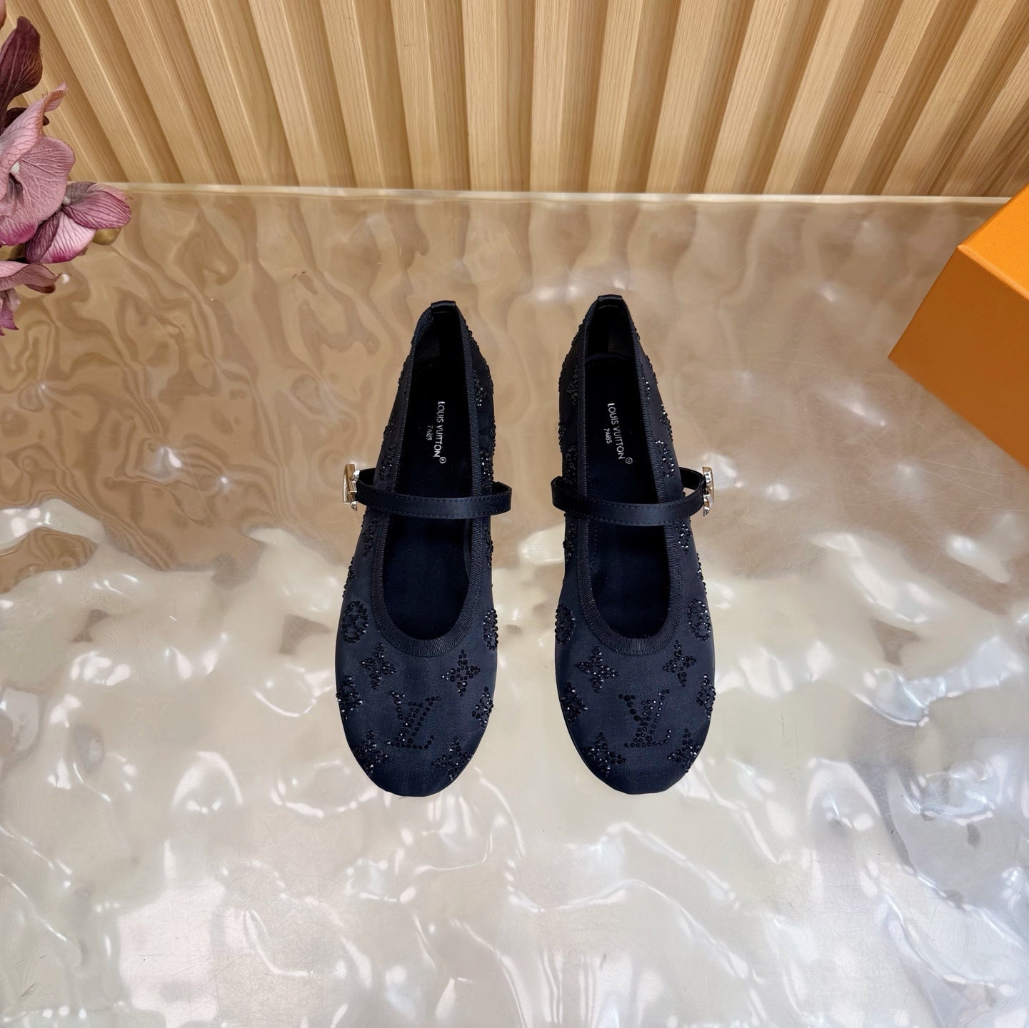LV Romy Flat Ballerina Black in Mesh with Rhinestones 703063
