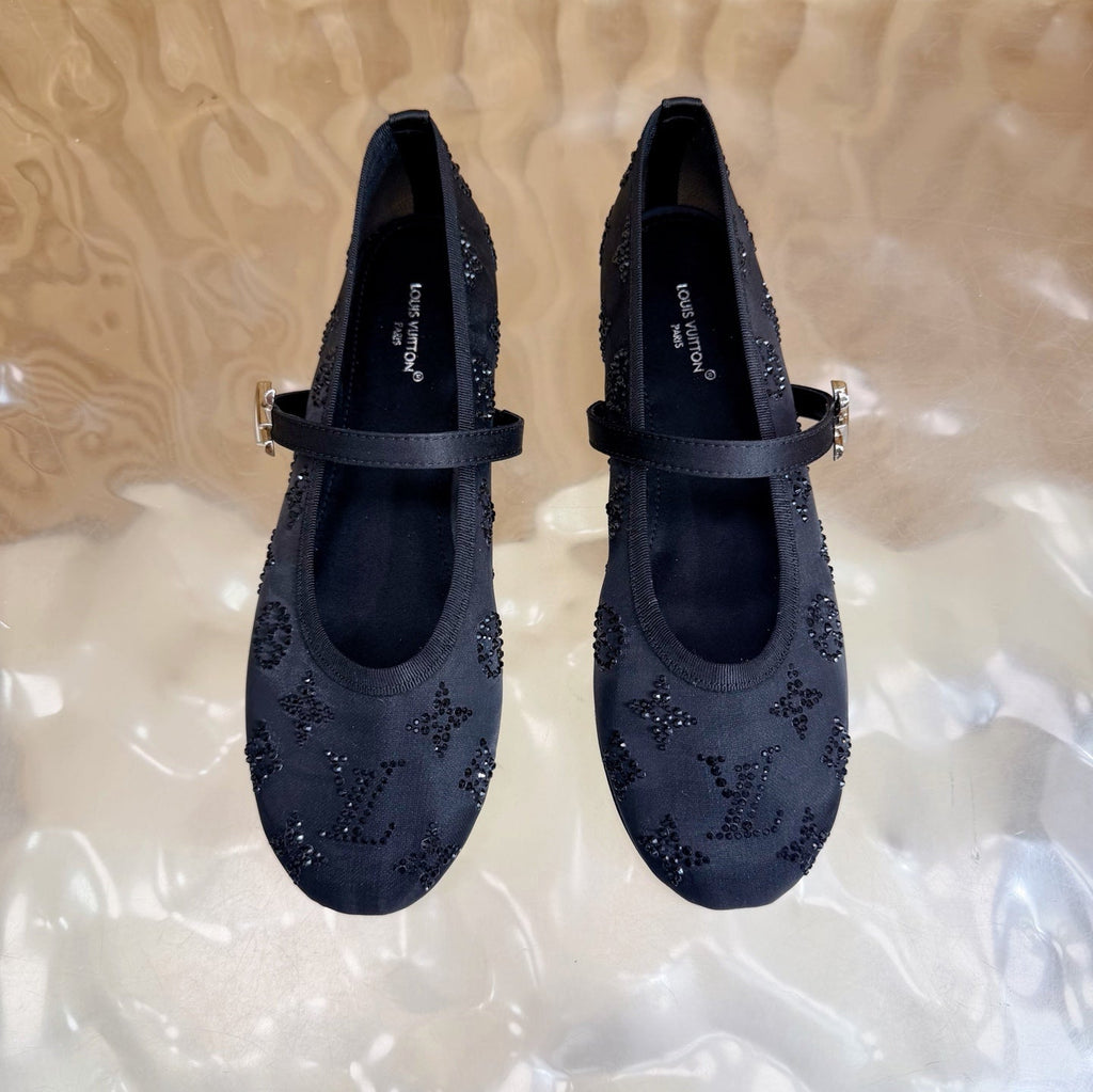 LV Romy Flat Ballerina Black in Mesh with Rhinestones 703063