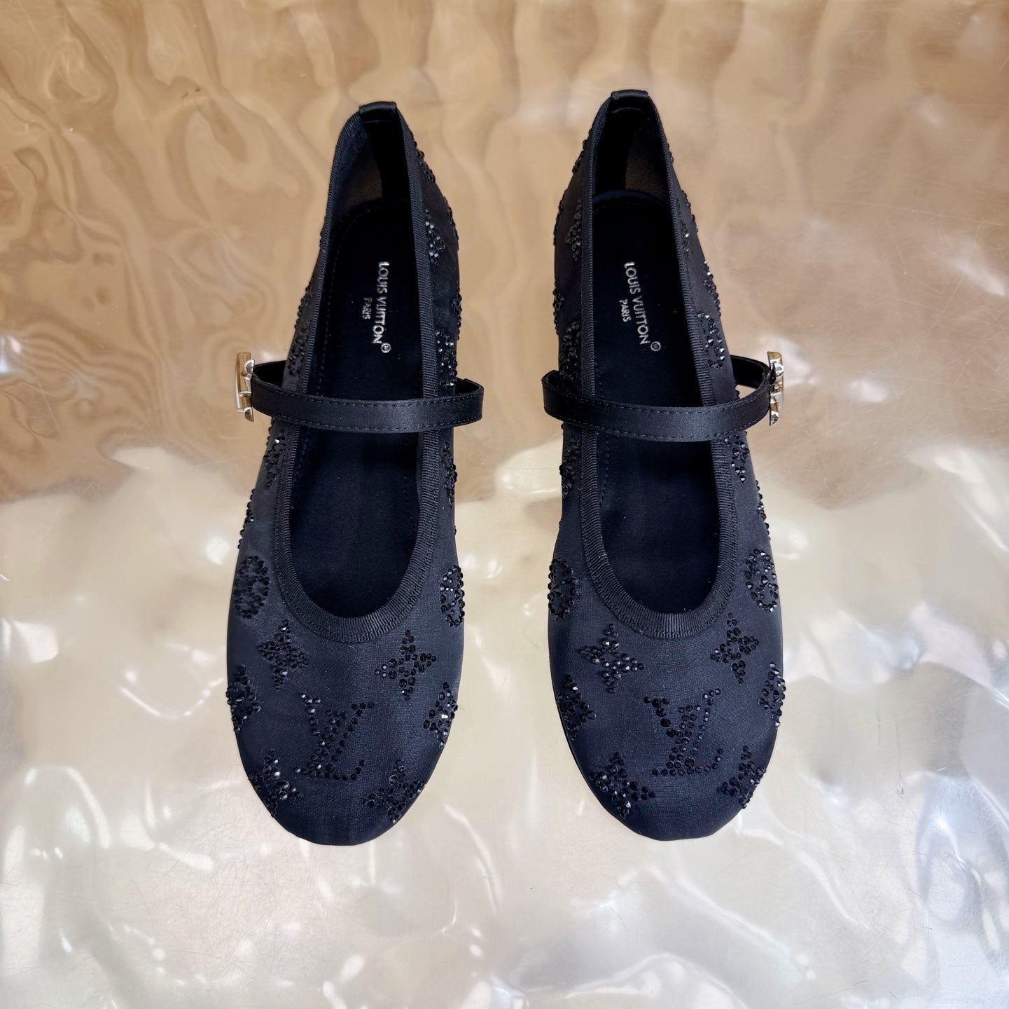 LV Romy Flat Ballerina Black in Mesh with Rhinestones 703063