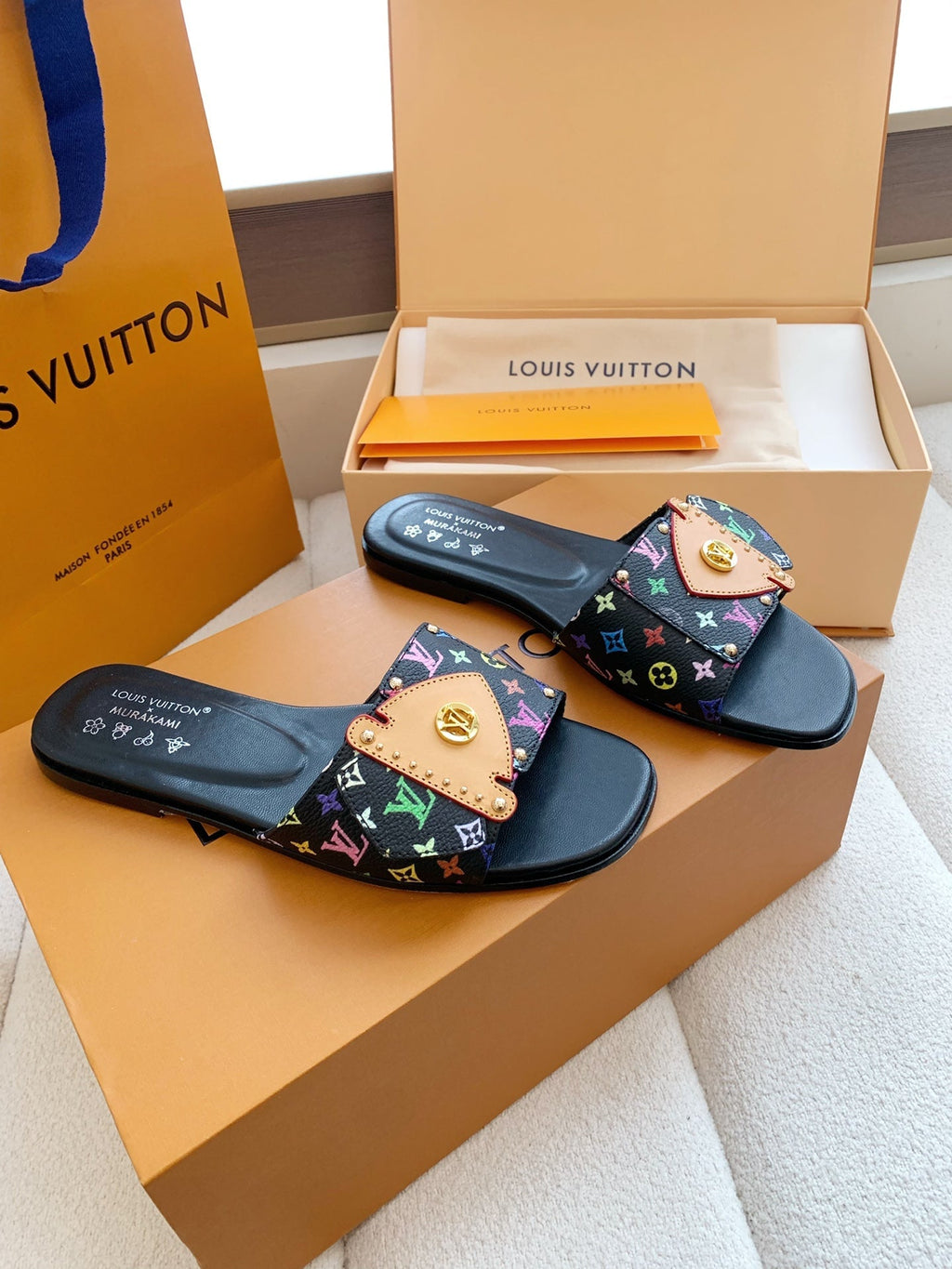 LV x Takashi Murakami Sunset Flat Comfort Sandal Black in Cowhide 703036