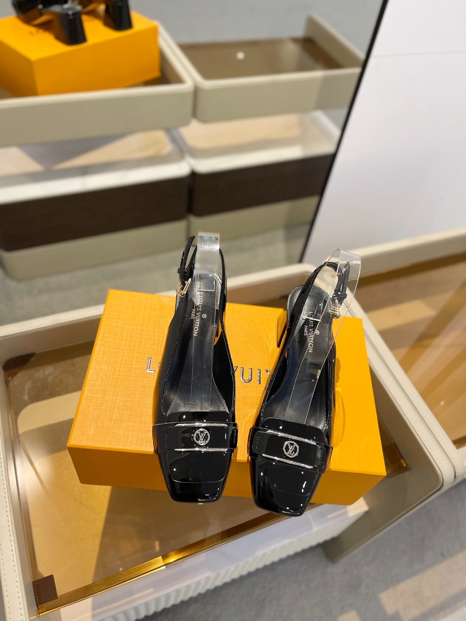 LV Slingback Heel 50mm Black in Patent Leather 769029