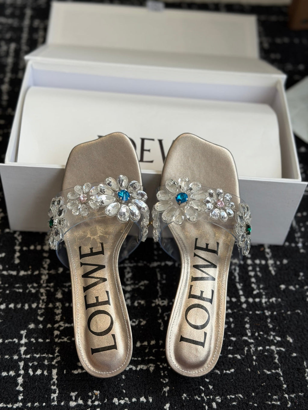 Loew Exquisite Rhinestone High-Heeled 50mm Sandals Champagne Gold in Leather 803526