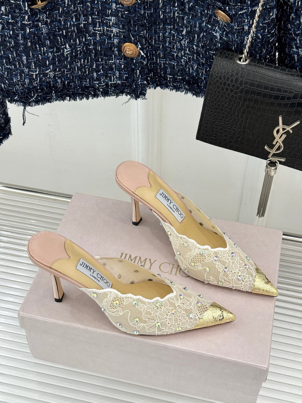 Jimmy Rhinestone Toe High-Heeled 10 Sandals Beige in Lace Metallic 803386
