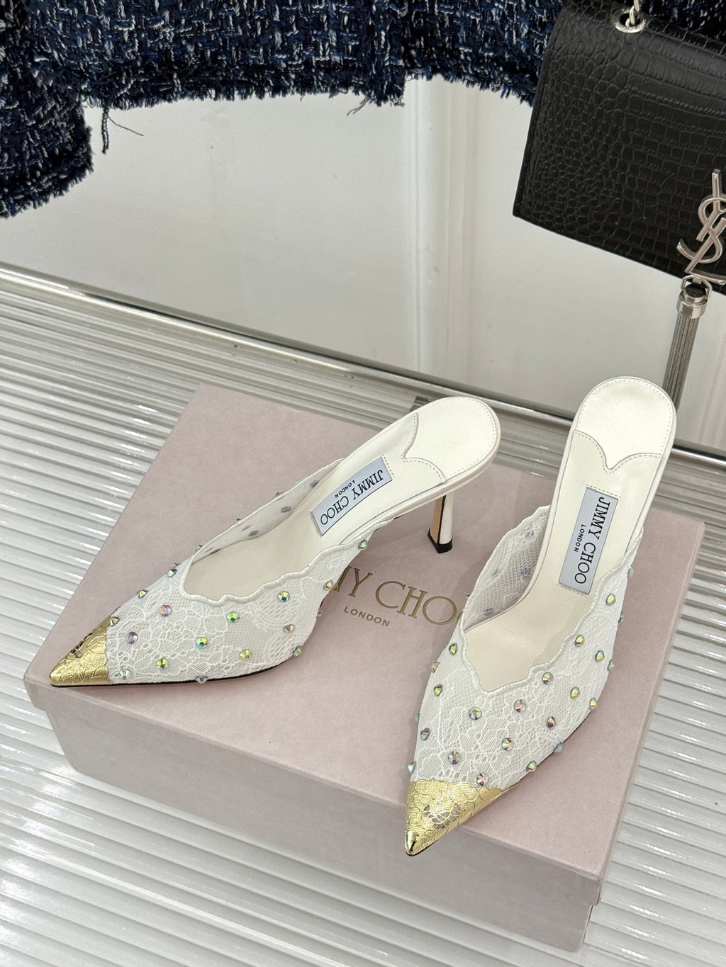Jimmy Rhinestone Toe High-Heeled 10 Sandals White in Lace Metallic 803387
