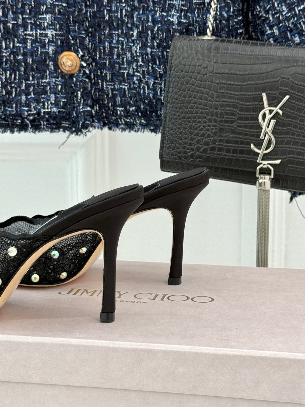 Jimmy Rhinestone Toe High-Heeled 10 Sandals Black in Lace Metallic 803388