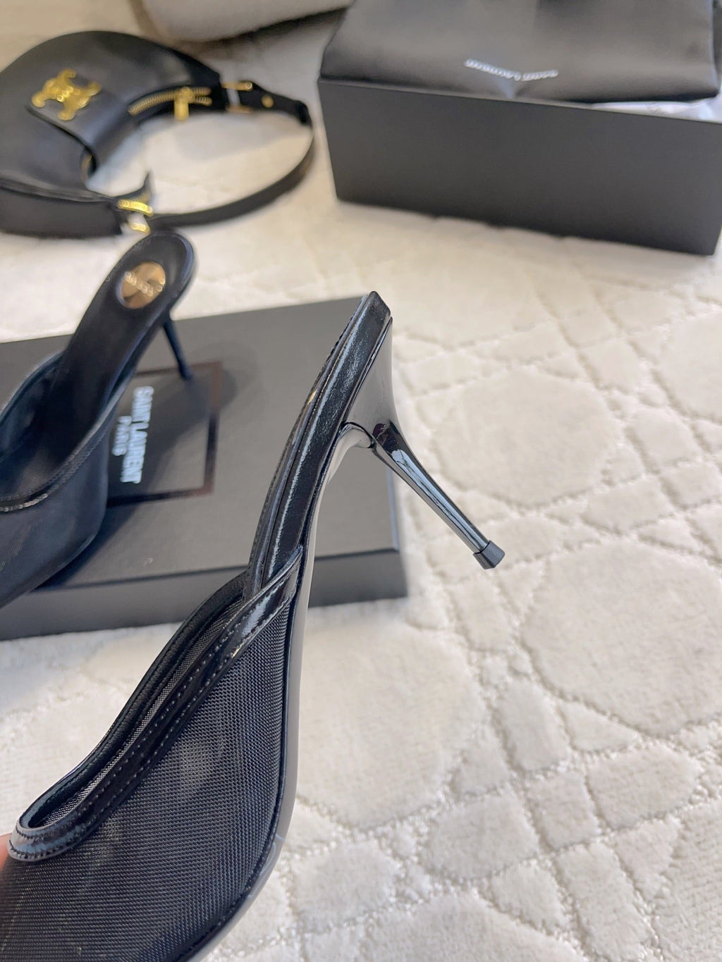YSL Pointed-Toe Mesh Mule 75mm Black Cowhide & Mesh 851891