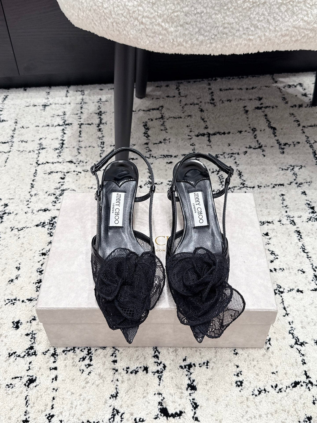 JC Mimmi Slingback Pumps Floral Appliqué 5.5cm Black Lace 858432