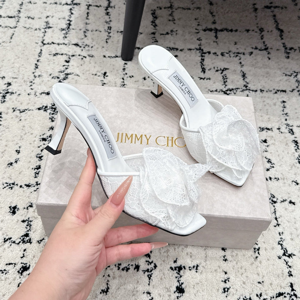 JC 26SS Floral Appliqué Mules 6.5cm White Lace 858429