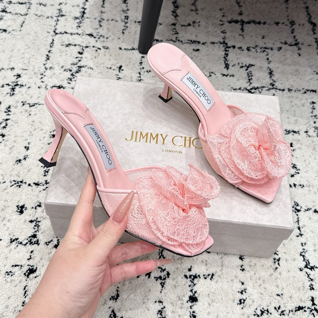 JC 26SS Floral Appliqué Mules 6.5cm Pink Lace 858428
