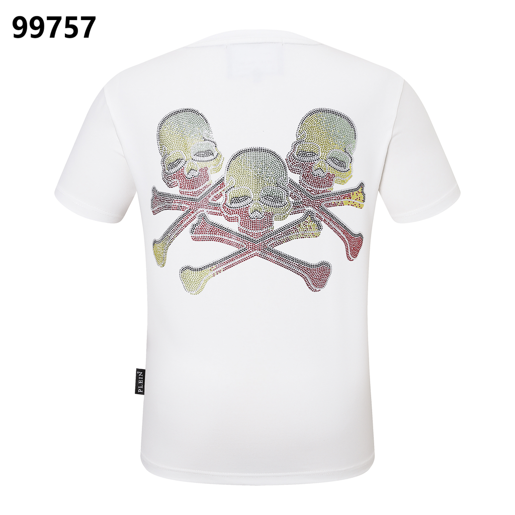 PHILIPP PLEIN Round-Neck T-Shirt with Colorful Skull Print and Rhinestone Embellishments