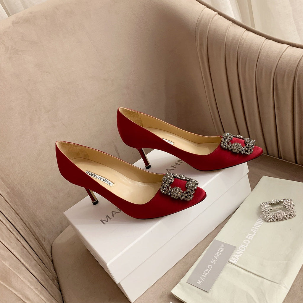 Hangisi Dark Red Satin Crystal Embellished Pumps 700530