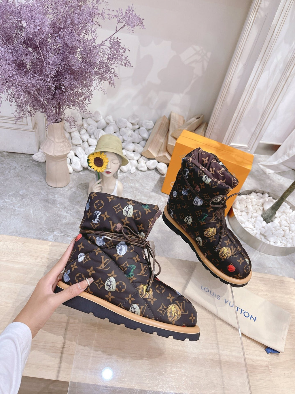 PILLOW COMFORT ANKLE BOOTS IN CHOCOLATE BROWN MONOGRAM NYLON
