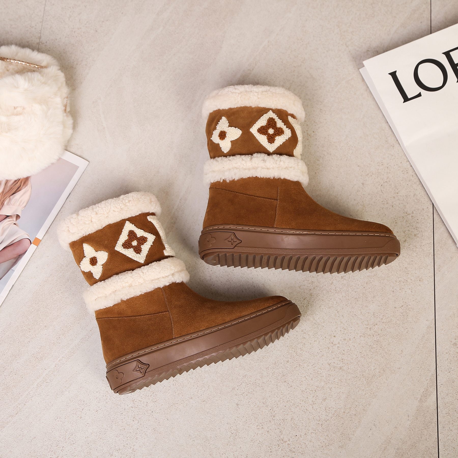 LV Snowdrop Line Ankle Boots Brown White Suede Wool 454719