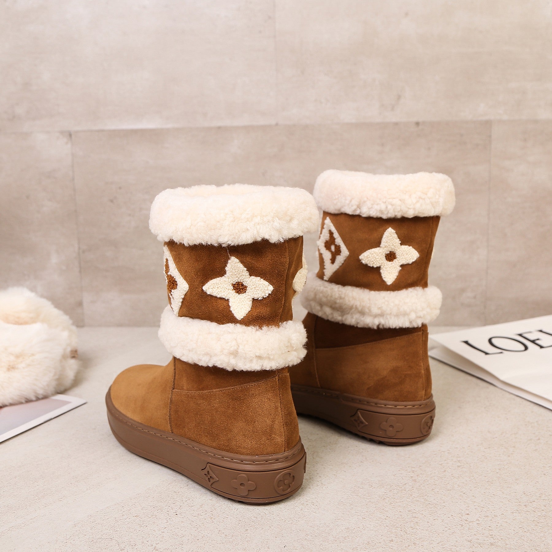 LV Snowdrop Line Ankle Boots Brown White Suede Wool 454719