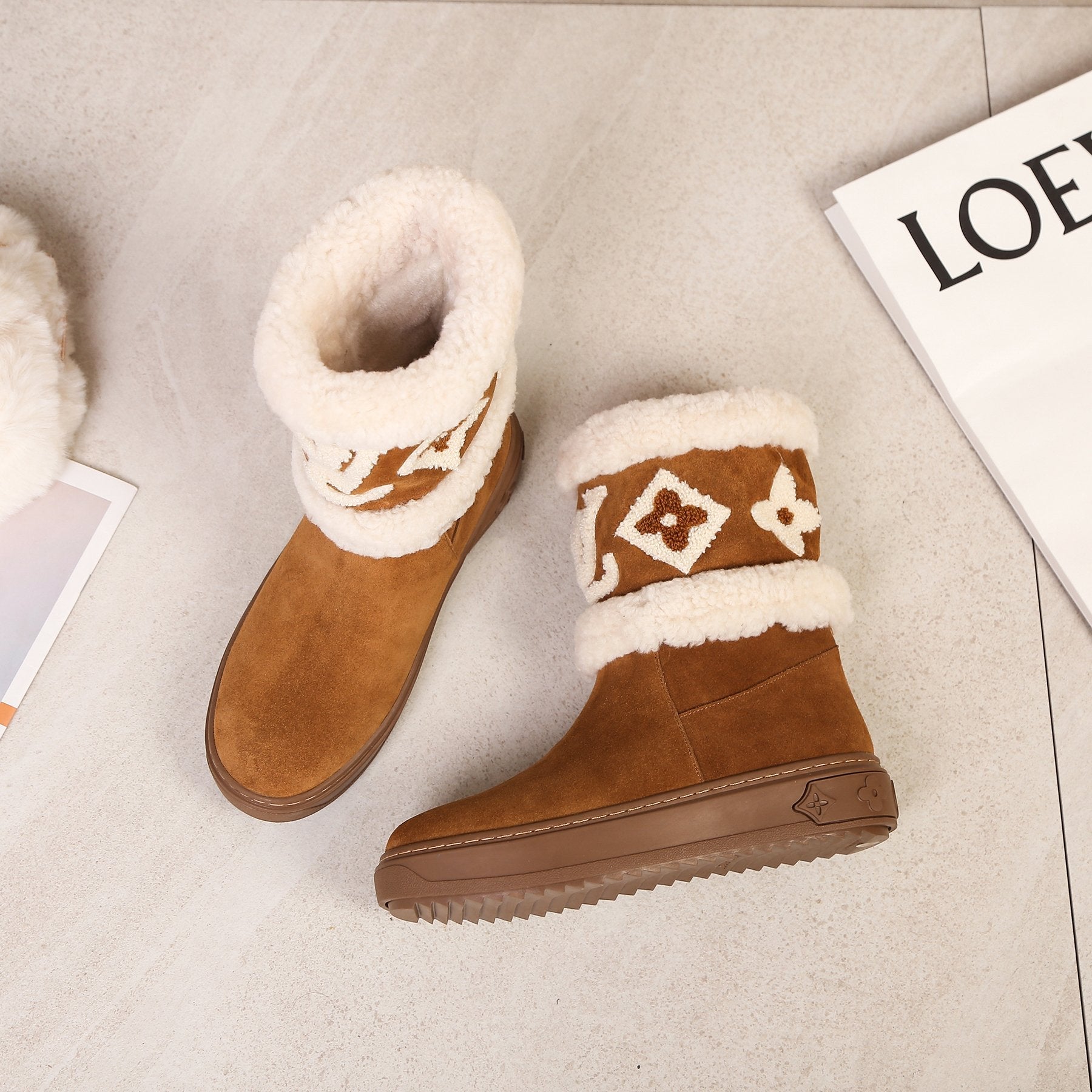 LV Snowdrop Line Ankle Boots Brown White Suede Wool 454719