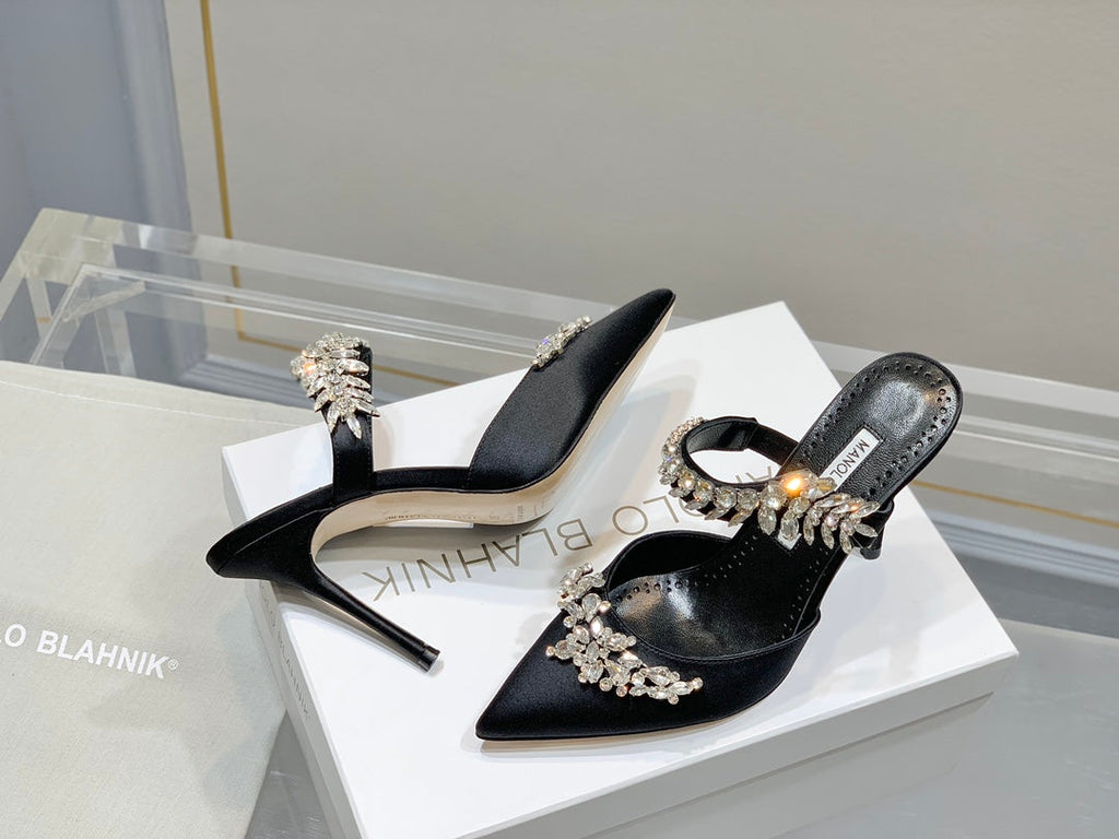 Manolo Mules Crystal Black Silk Satin 219377