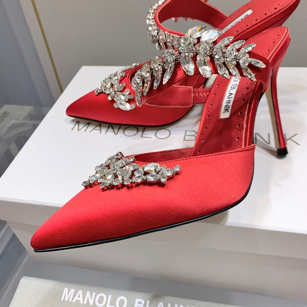 Manolo Mules Crystal Red Silk Satin 219379