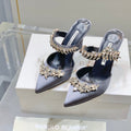Manolo Mules Crystal Grey Silk Satin 219383