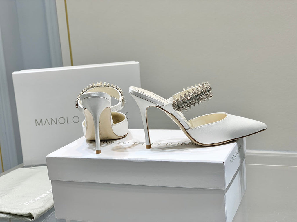 Manolo Mules Diamond Buckle White Silk Satin 218814
