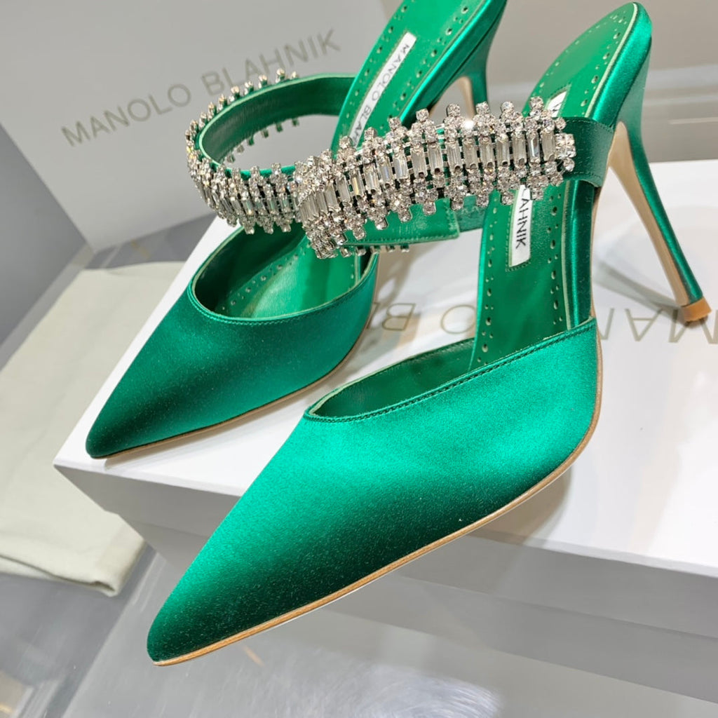 Manolo Mules Diamond Buckle Green Silk Satin 218813