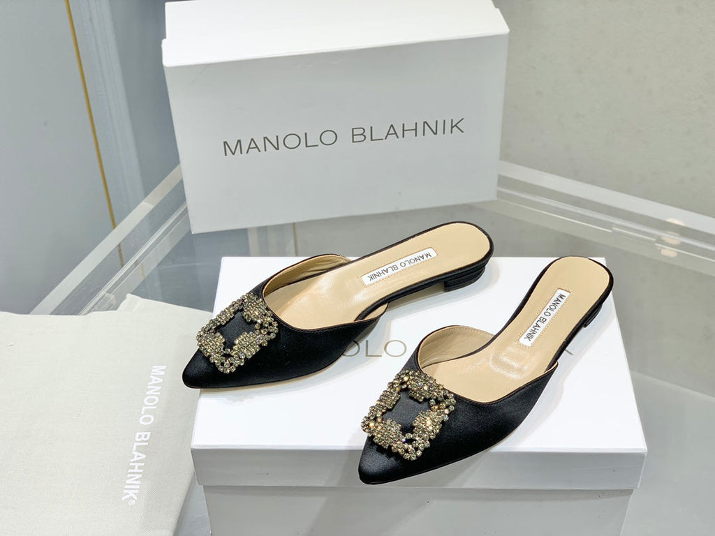 Manolo Buckle Flast Mules Black Silk 327515