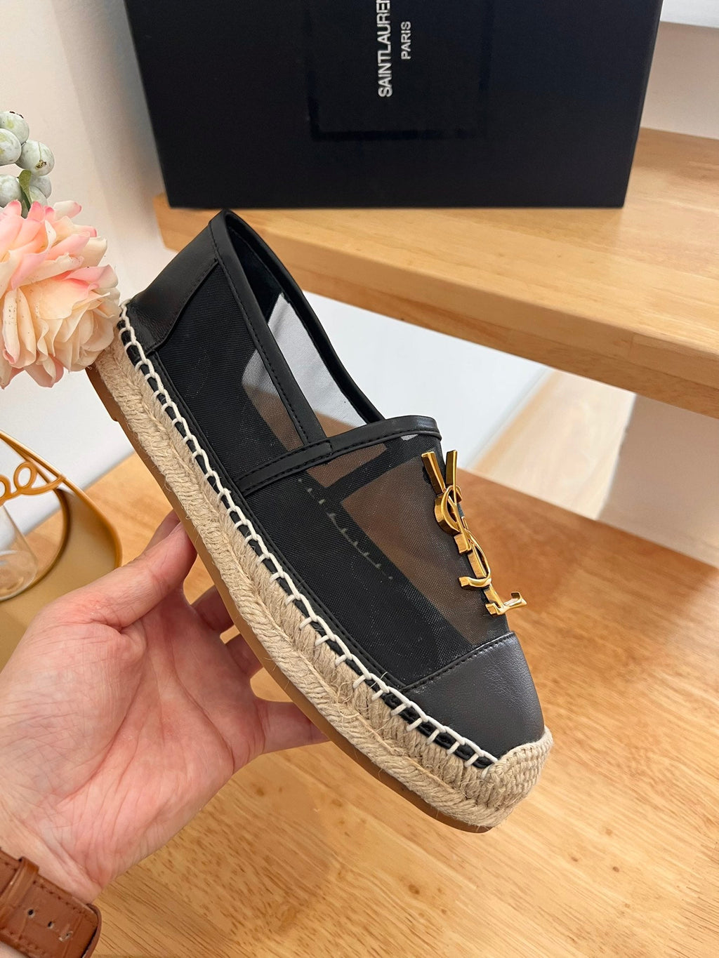 SL YVES LOGO SLIP ON BLACK CALFSKIN AND MESH