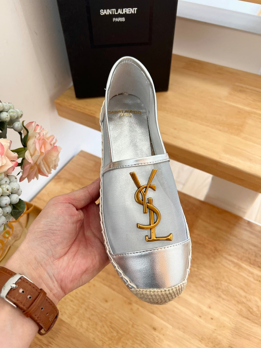 SL YVES LOGO SLIP ON SILVER CALFSKIN AND MESH