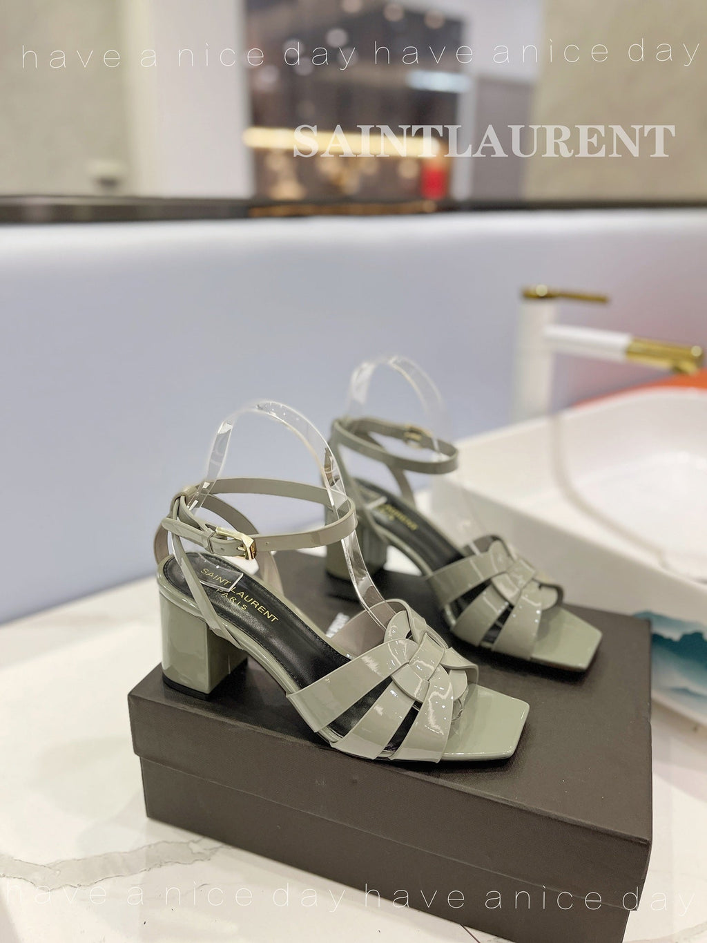 SL TRIBUTE SANDAL GLOSSY SAGE CALFSKIN