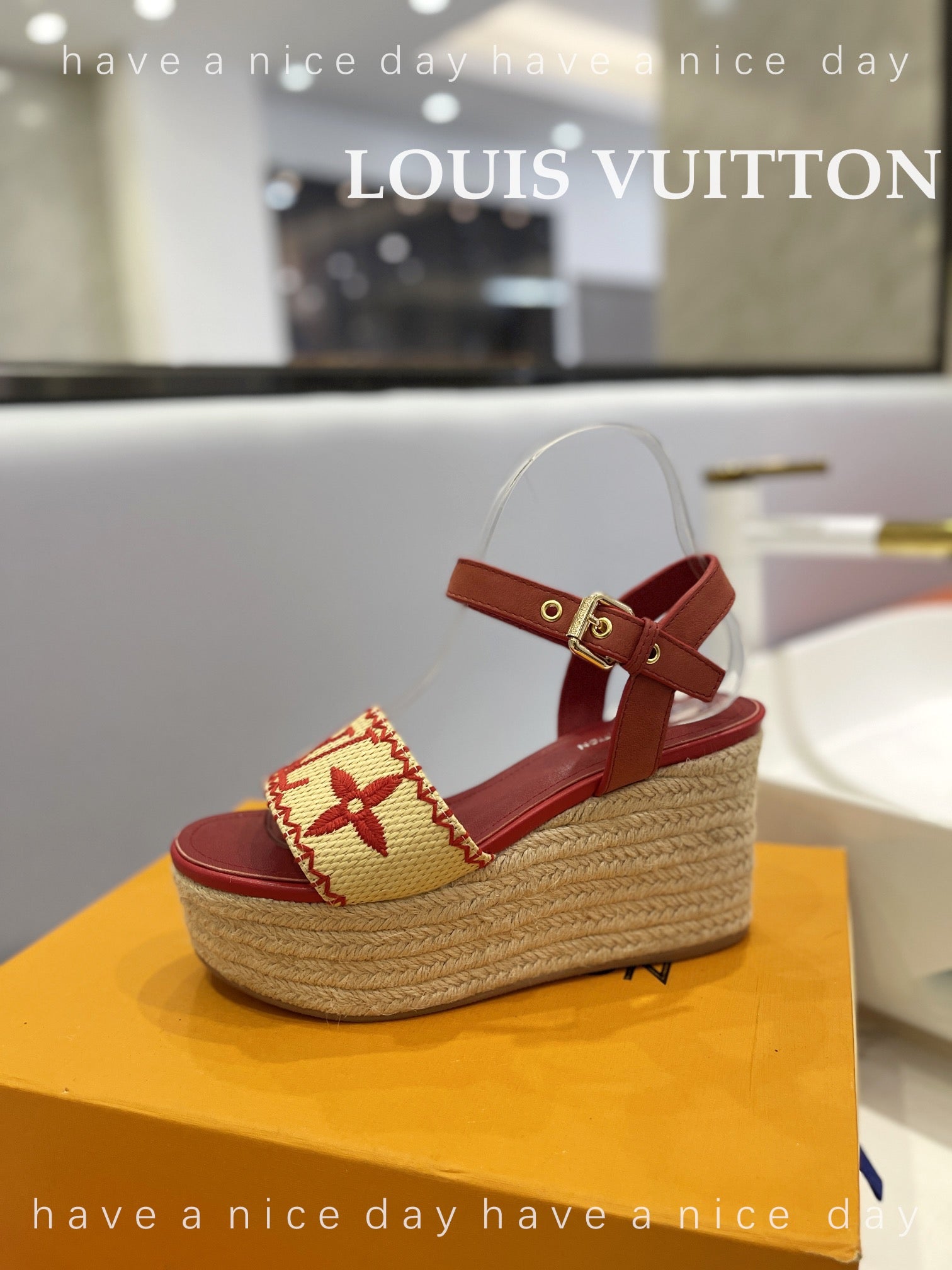 LV Helios Wedge Sandals Red Beige Raffia Leather 888495