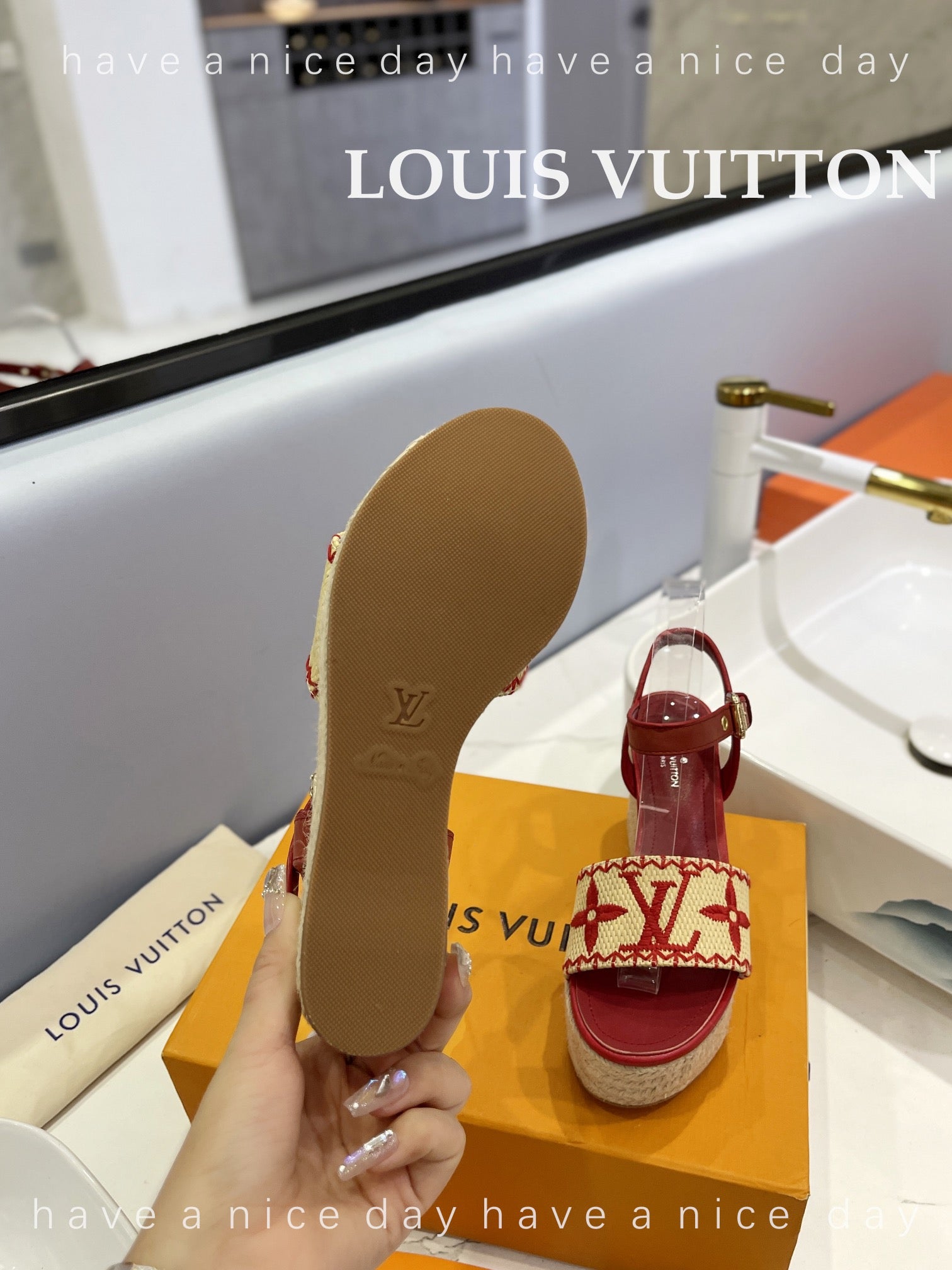 LV Helios Wedge Sandals Red Beige Raffia Leather 888495