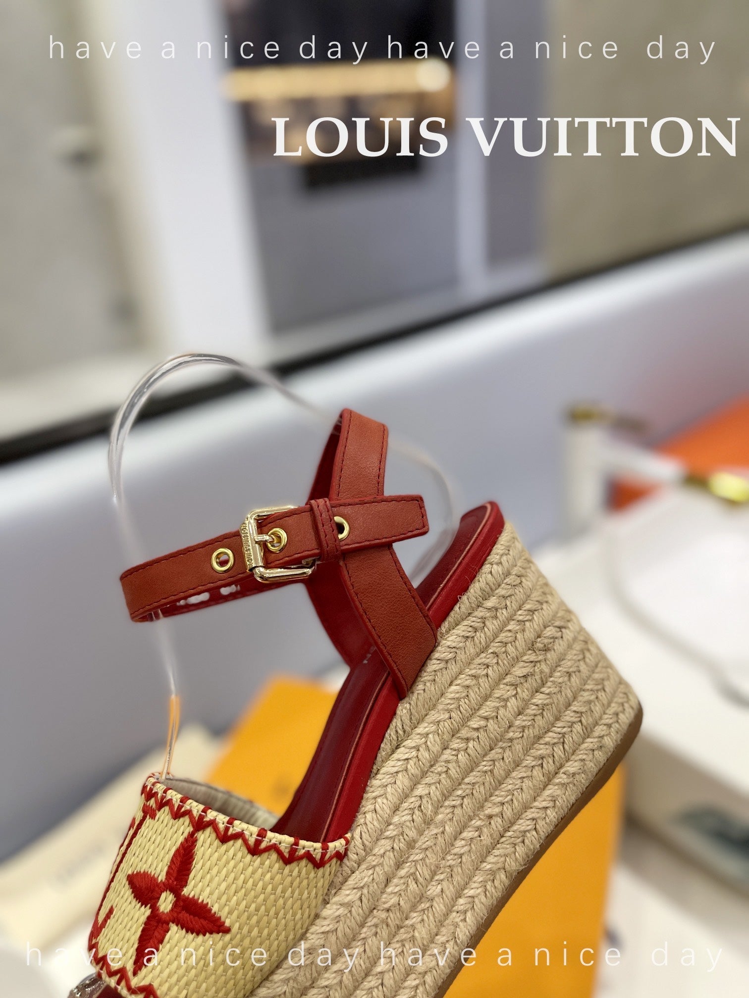 LV Helios Wedge Sandals Red Beige Raffia Leather 888495
