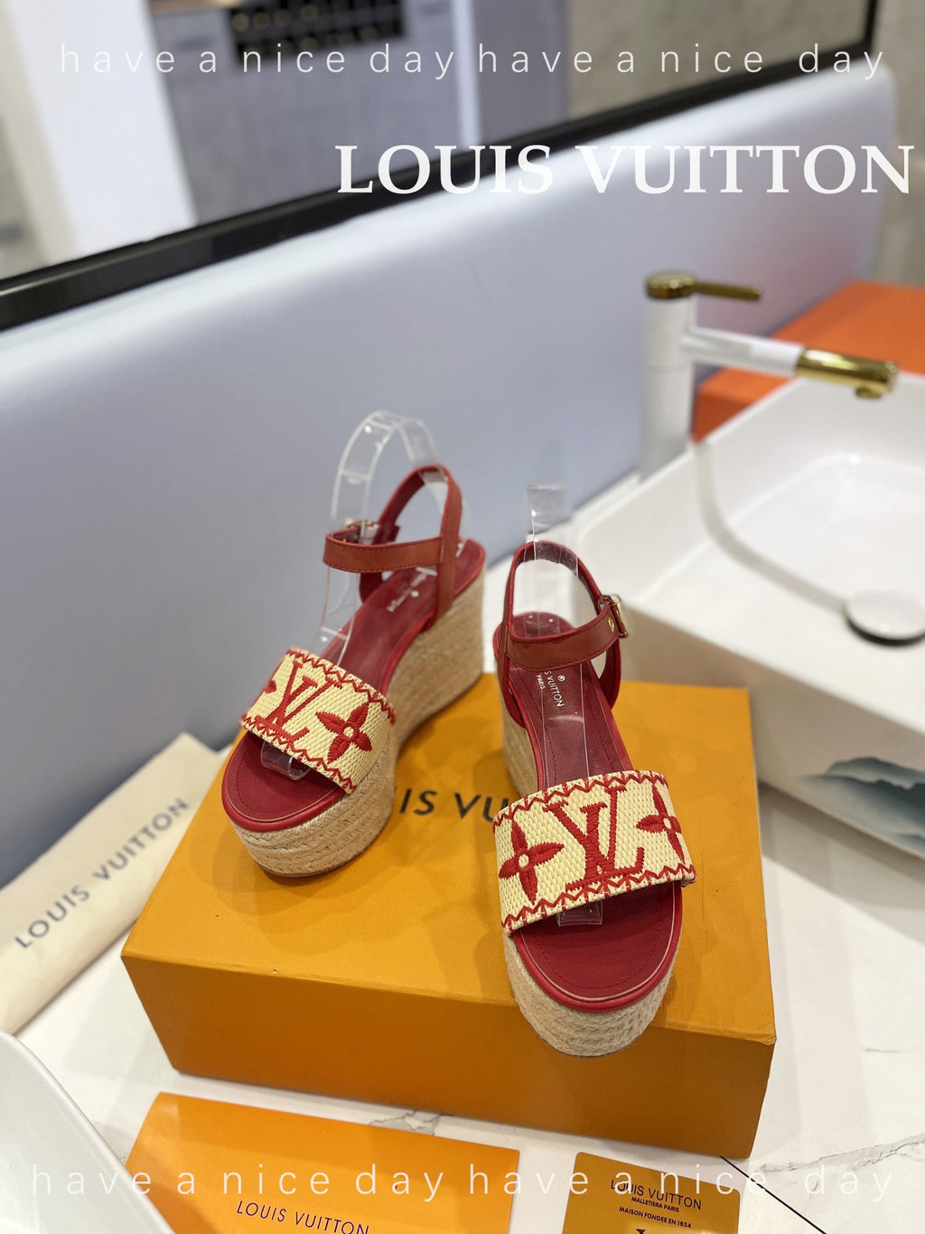 LV Helios Wedge Sandals Red Beige Raffia Leather 888495