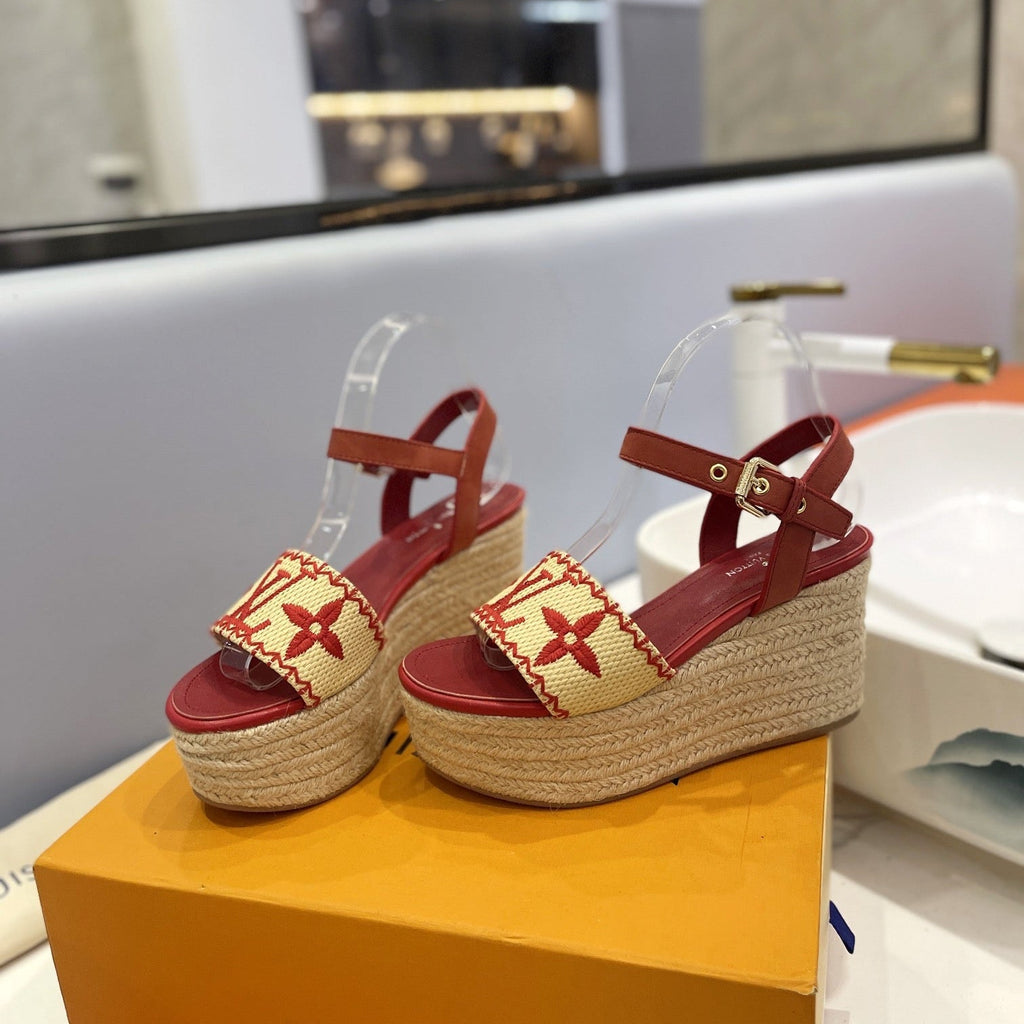 LV Helios Wedge Sandals Red Beige Raffia Leather 888495