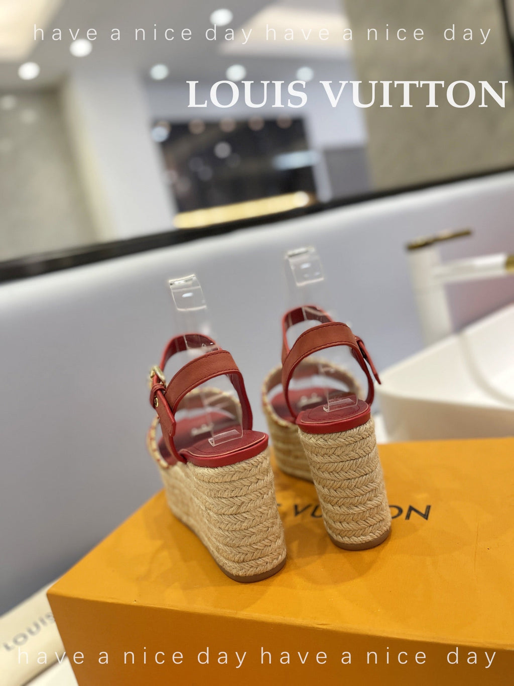 LV Helios Wedge Sandals Red Beige Raffia Leather 888495