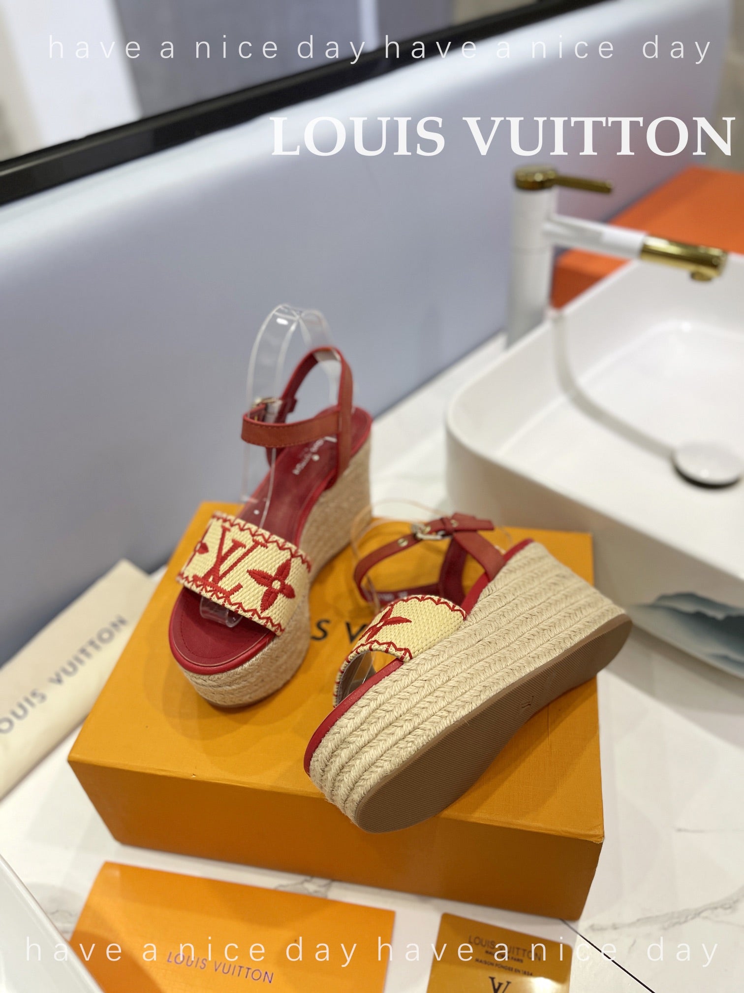 LV Helios Wedge Sandals Red Beige Raffia Leather 888495