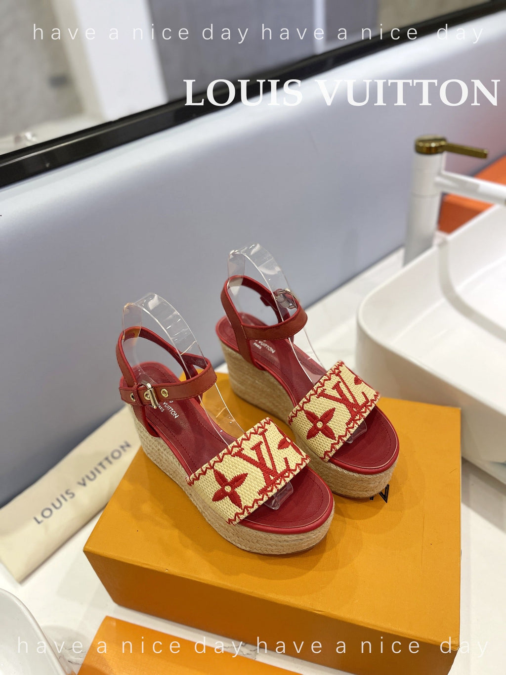 LV Helios Wedge Sandals Red Beige Raffia Leather 888495