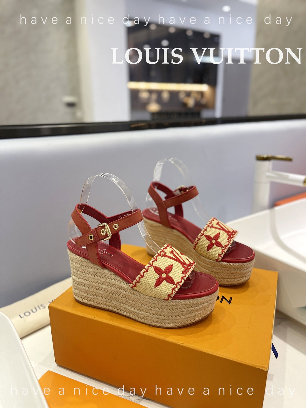 LV Helios Wedge Sandals Red Beige Raffia Leather 888495
